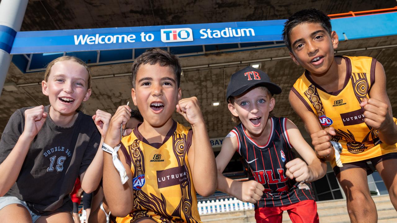 Emmi Hams, Lui Bennell, Taj Hams and Jed Bennell at the Gold Coast Suns v Hawthorn AFL match at TIO Stadium. Picture: Pema Tamang Pakhrin
