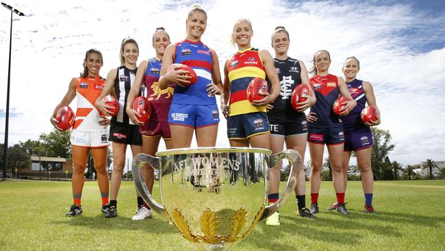 2018 AFLW captains from L-R: Amanda Farrugia (GWS), Steph Chiocci (Collingwood), Emma Zielke (Brisbane Lions), Kaitie Brennan (Western Bulldogs), Erin Phillips (Adelaide), Bri Davey (Carlton), Daisy Pearce (Melbourne) and Kara Donnellan (Fremantle). Picture: David Caird