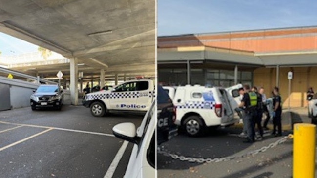 Three people have been arrested after a dramatic car chase ended in the car park of a shopping centre in Melbourne’s West Picture: 3AW.