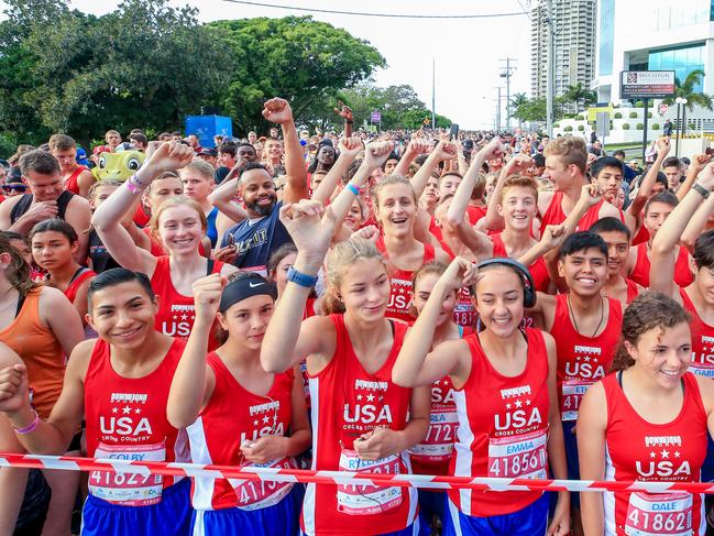 Competitors line up for the start of the Gold Coast Airport Fun Run including a large contingent of American teenagers.  Pics Tim Marsden