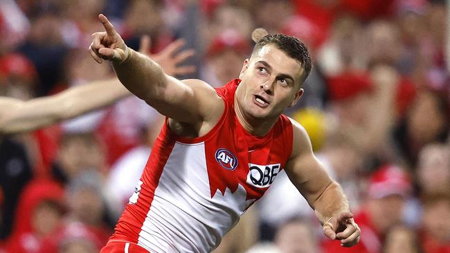 Sydney's Tom Papley celebrates kicking a goal during the Round 13 AFL match between the Sydney Swans and Geelong Cats at the SCG on June 9, 2024.. Photo by Phil Hillyard(Image Supplied for Editorial Use only - **NO ON SALES** - Â©Phil Hillyard )