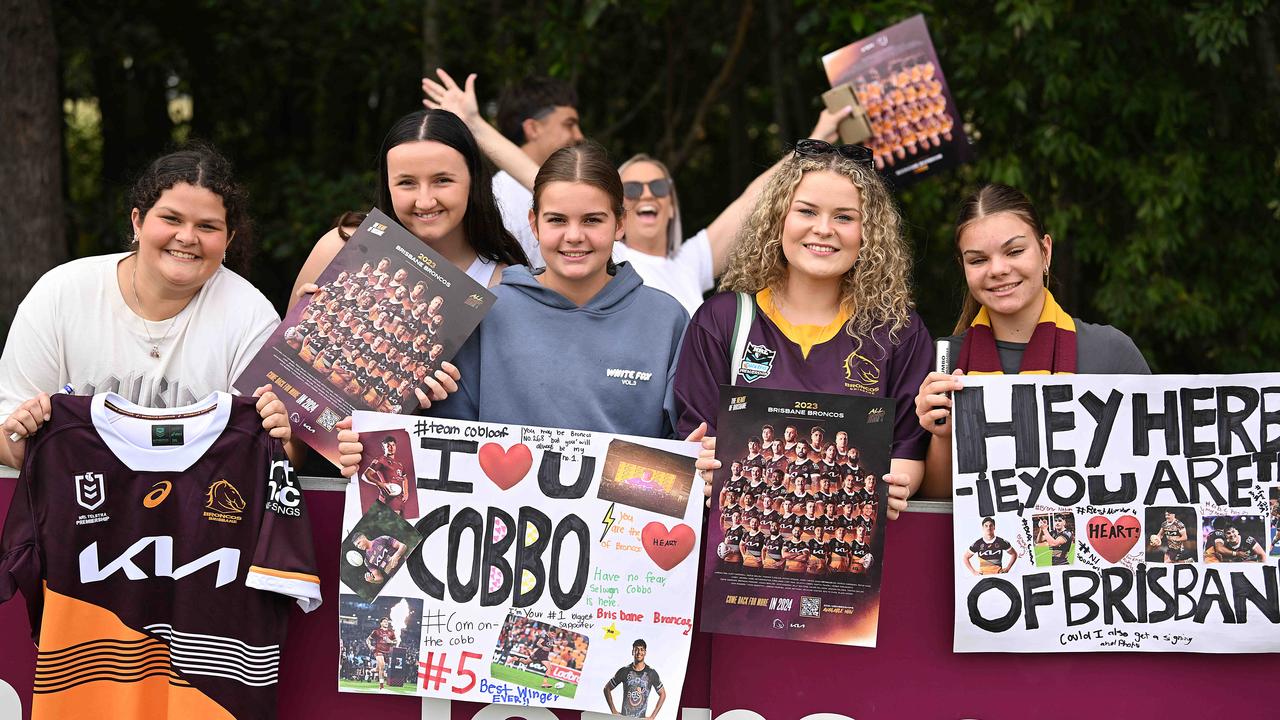 L-R Olivia Carver 17, Jasmine Blank 17, Sarah Donahue 12, Georgia Carver and Isabella Donahue 14, among the fans during at Red Hill. Picture: Lyndon Mechielsen/Courier Mail