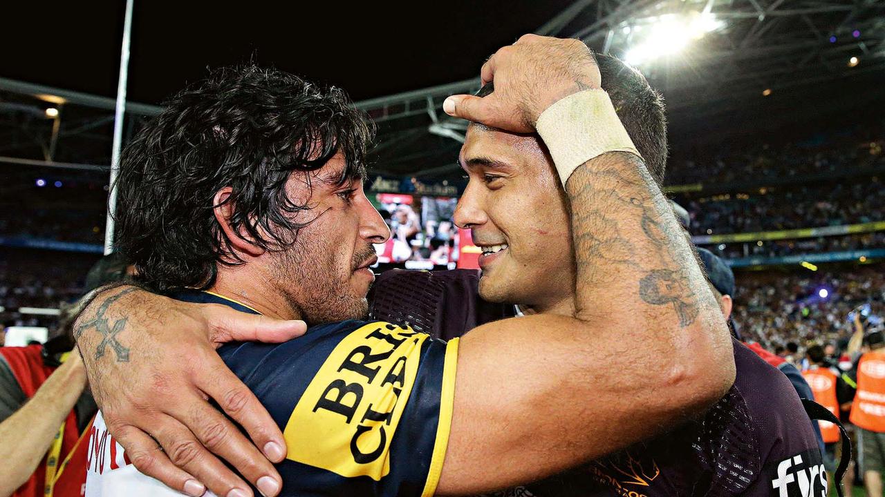 Justin Hodges and Johnathan Thurston after the 2015 NRL grand final. Picture: Adam Head