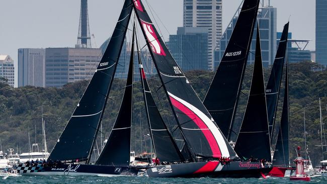 Black Jack and Scallywag vying for the best position at the start of the 2019 race to Hobart.