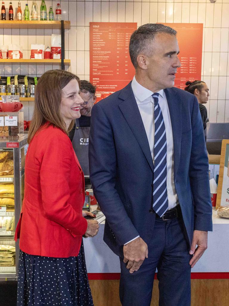 Premier Peter Malinauskas and Labor MP for Dunstan Cressida O'Hanlon touring Norwood after she won the Dunstan by-election. Picture: NCA NewsWire / Kelly Barnes