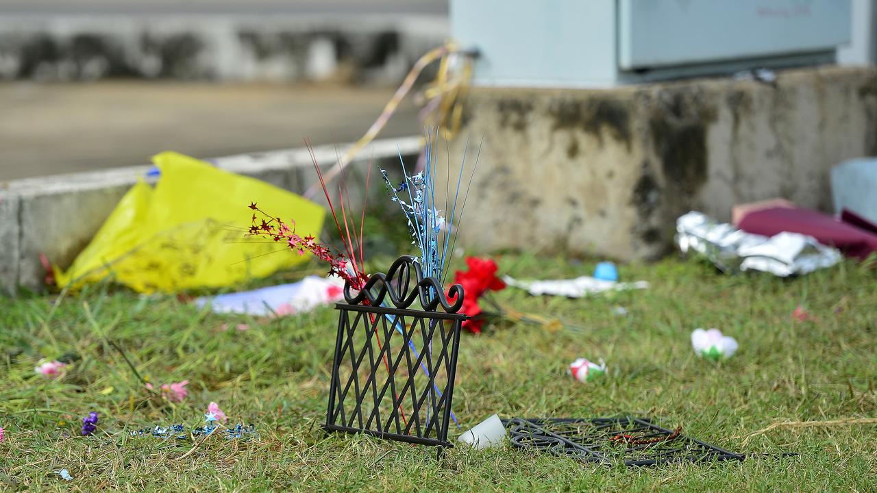 A roadside memorial for four teenagers who died in a car accident last week has suffered extensive damage overnight. PICTURE: MATT TAYLOR.