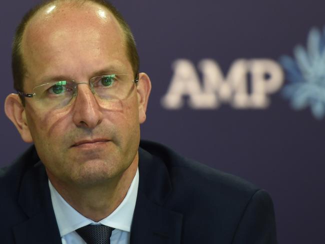 **FILE** A February 19, 2015 file photo of Craig Meller, the CEO of AMP, briefing the media on the company's full year results in Sydney. AMP chief executive Craig Meller has resigned and the financial services provider has apologised "unreservedly" for the scandals heard at the royal commission, Friday, April 20, 2018. (AAP Image/Dean Lewins) NO ARCHIVING