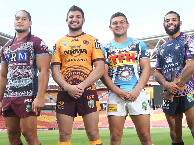 Martin Taupau, Manly Sea Eagles, Matt Gillett, Broncos, Ash Taylor, Gold Coast Titans and Josh Addo-Carr, Melbourne Storm Launch of the Indigenous Round at Suncorp Stadium , Paddington 7th May 2018Photo AAP/ Ric Frearson