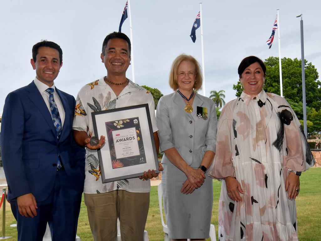 Australia Day at Jezzine Barracks, Townsville. Townsville City Council Australia Day Awards. Premier David Crisafulli, Arts and Culture Award Alex Salvador, Governor Jeanette Young and Deputy Mayor Ann-Maree Greaney. Picture: Evan Morgan