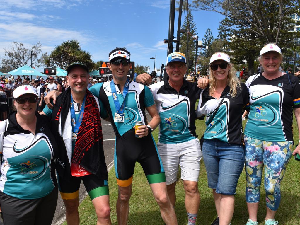 Jenni Beauzec, Andre Beauzec, Liz Harvey, Matt Brome, Martin Stockwell, Linda Stockwell and Trin Patch at the Sunshine Coast Ironman 70.3 at Mooloolaba 2022.