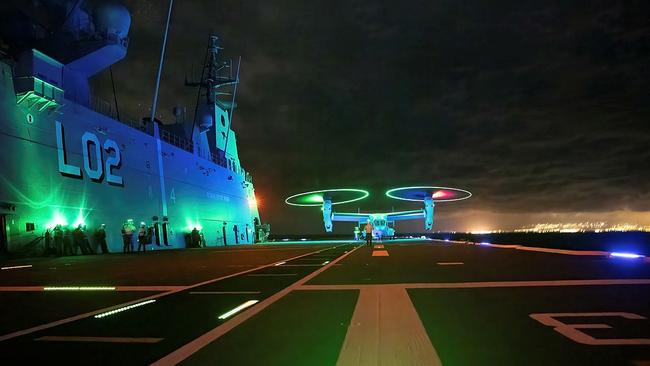 A US Marine Corps MV-22B Osprey performs deck landings onboard HMAS Canberra during Exercise Rim of the Pacific 2022. Picture: Royal Australian Navy