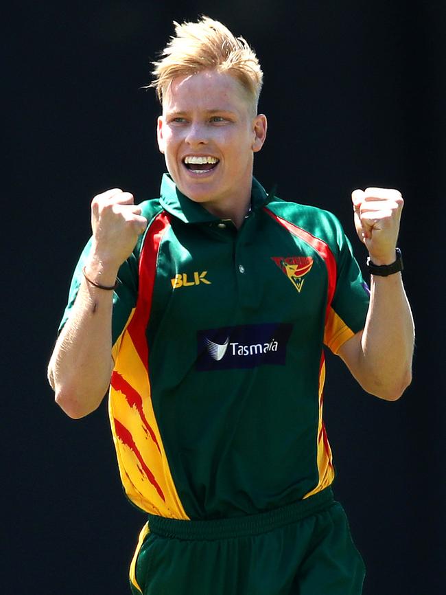 Nathan Ellis celebrates his fifth wicket – bowling Peter Nevill – during the Marsh One-Day Cup match against NSW on Wednesday. Picture. PHIL HILLYARD