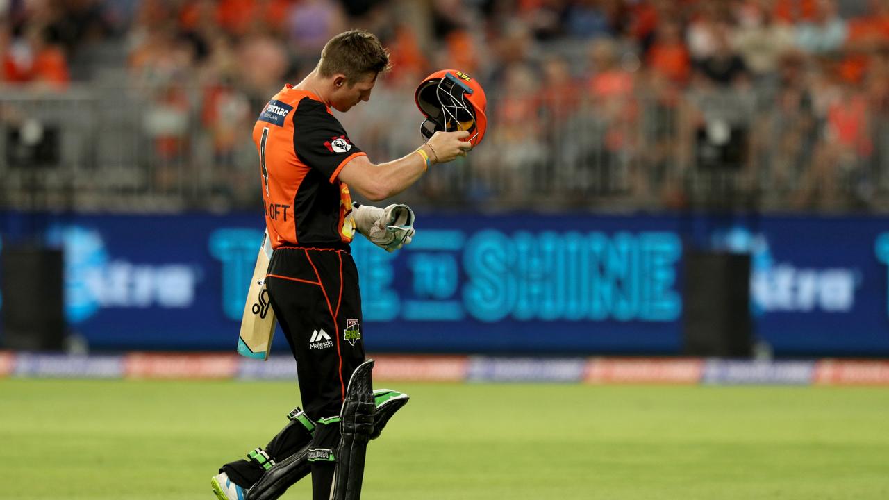 Cameron Bancroft of the Scorchers leaves the field after being dismissed during the Big Bash League (BBL) match between the Perth Scorchers and the Melbourne Renegades at Optus Stadium in Perth, Monday, January 28, 2019. (AAP Image/Richard Wainwright) NO ARCHIVING, EDITORIAL USE ONLY, IMAGES TO BE USED FOR NEWS REPORTING PURPOSES ONLY, NO COMMERCIAL USE WHATSOEVER, NO USE IN BOOKS WITHOUT PRIOR WRITTEN CONSENT FROM AAP