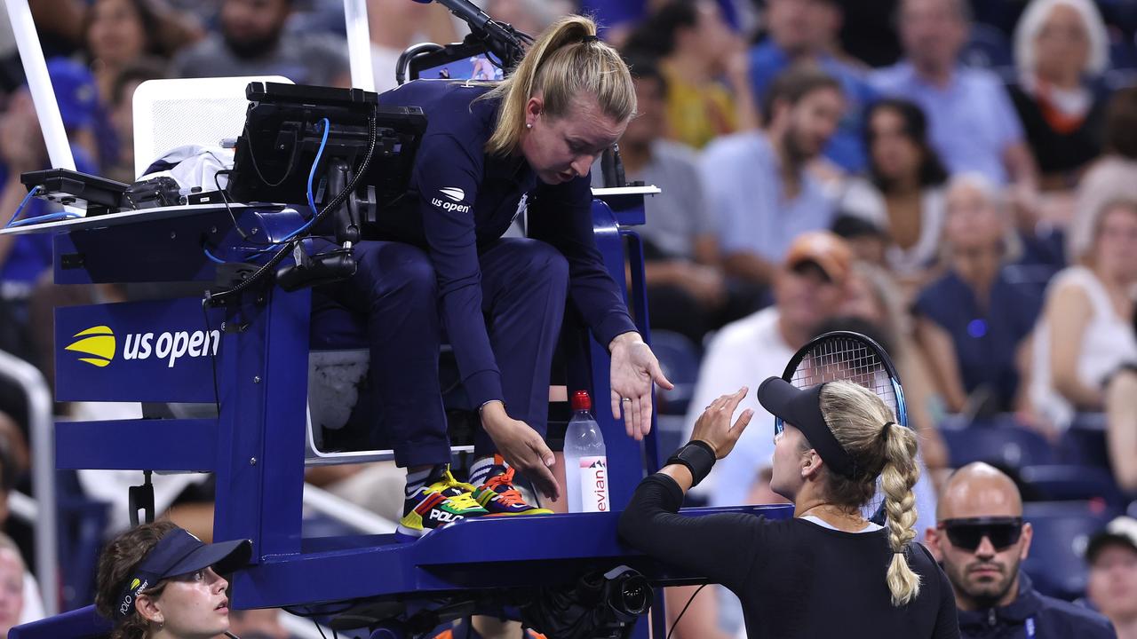 Kalinskaya couldn’t believe her opponent was awarded the point. (Photo by Matthew Stockman/Getty Images)