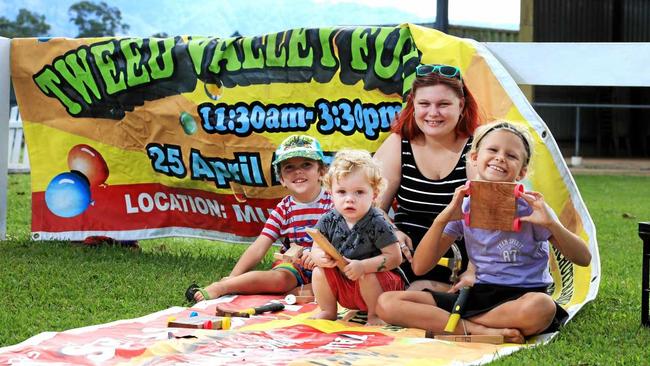 Kelly Hardcastle with Brian, 4, Skie, 9, and Leo, 1, are getting ready for theTweed Valley Fun Day. Picture: Scott Powick