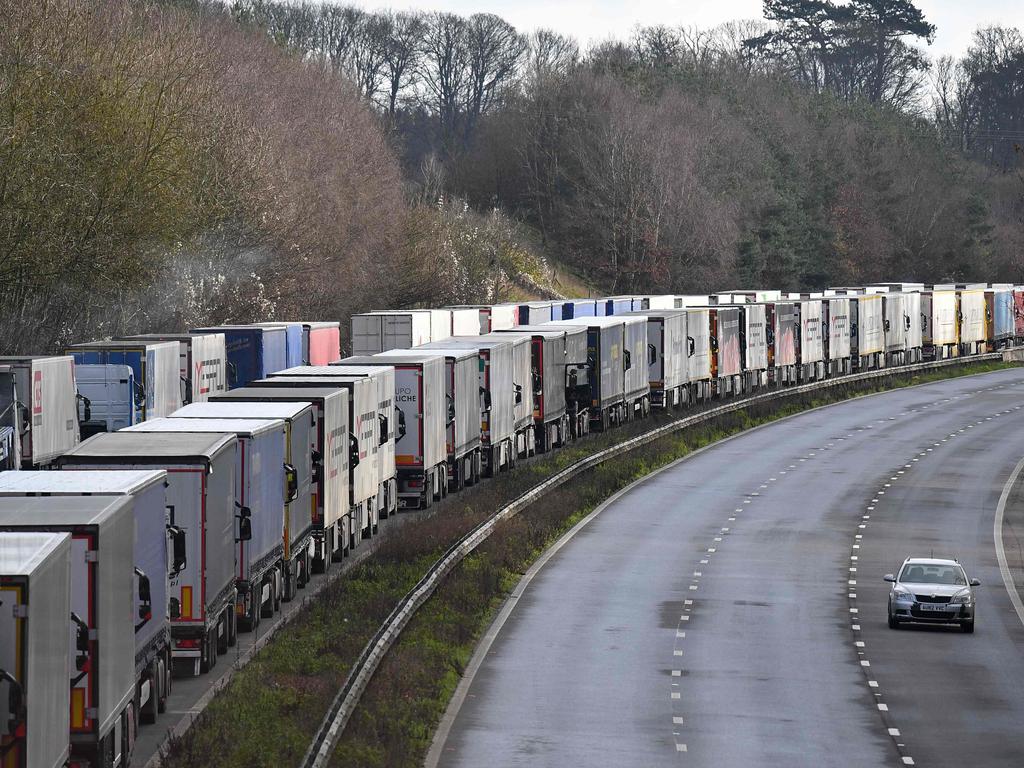 A backlog of thousands of trucks have been stranded by a new strain of coronavirus. Picture: AFP