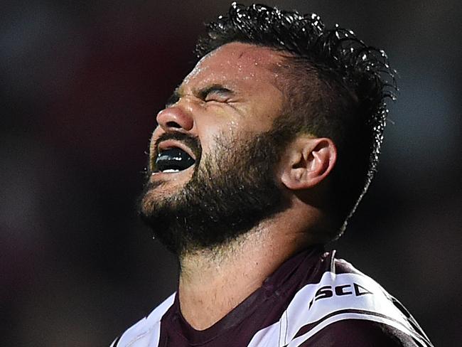 Justin Horo of the Sea Eagles reacts during the Round 25 NRL match between the Manly-Warringah Sea Eagles and the Sydney Roosters at Brookvale Oval, Sydney, Friday, Aug. 28, 2015. (AAP Image/Dan Himbrechts) NO ARCHIVING, EDITORIAL USE ONLY