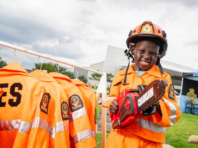 Elizah Manylok dressed for SES work at the Wellcamp Airport 10th anniversary community day, Sunday, November 10, 2024. Picture: Kevin Farmer