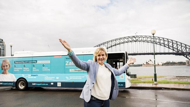 It’s all teal: NSW Warringah independent MP Zali Steggall, with her new electric campaign bus, wants to phase out fossil fuel subsidies.