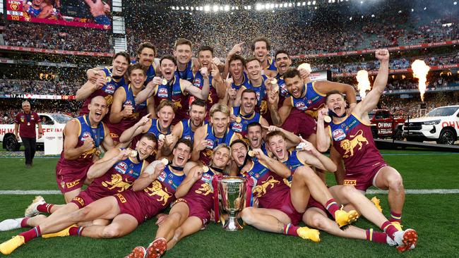 MELBOURNE, AUSTRALIA - SEPTEMBER 28: The Lions celebrate during the 2024 AFL Grand Final match between the Sydney Swans and the Brisbane Lions at The Melbourne Cricket Ground on September 28, 2024 in Melbourne, Australia. (Photo by Michael Willson/AFL Photos via Getty Images)