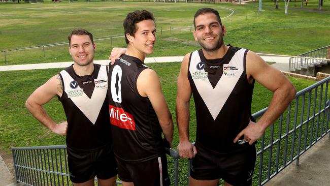 Old Ivanhoe footballers Jordan Stanton, Sam Keogh and Michael Mitris will play in a special round supporting the Towards Zero campaign. Picture: Hamish Blair