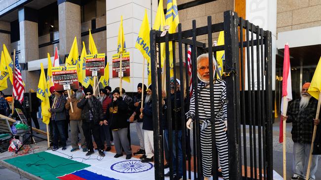 Sikh separatists protest beside an effigy of Prime Minister Narendra Modi outside the Indian mission in Toronto last week. Picture: AFP