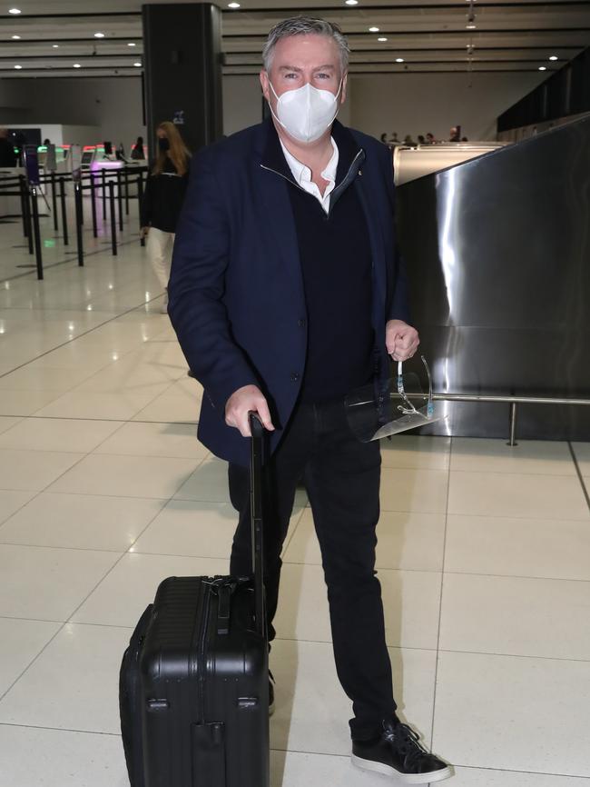 Collingwood President Eddie McGuire departs Melbourne for the Sunshine State. Picture: Alex Coppel