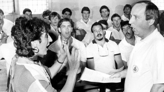 Singer Mary Lopes with coach Alan Jones at Wallabies singing practice before the Grand Slam tour of the UK in 1984. Picture: Steve Moorhouse