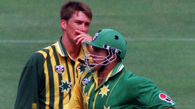 Matthew Hayden (green) and Glenn McGrath clashed in the 1995 Australia v Australia A clash. Picture: Trent Parke