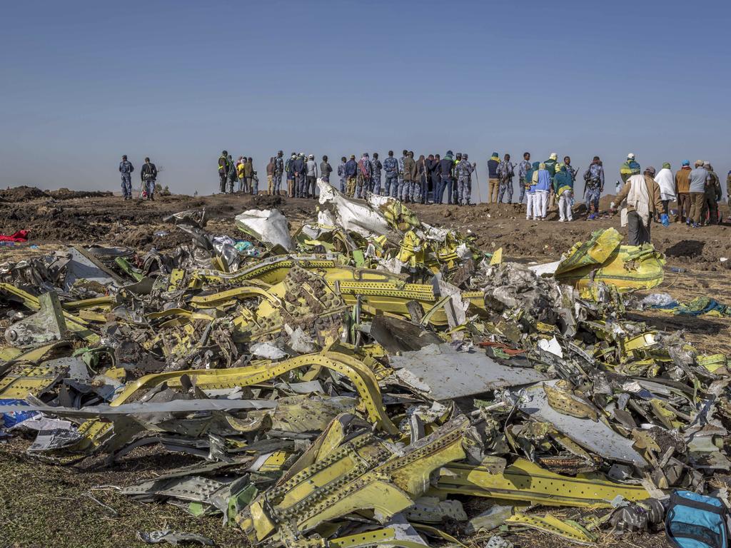 Wreckage is piled at the crash scene of the crash. Picture: AP/Mulugeta Ayene