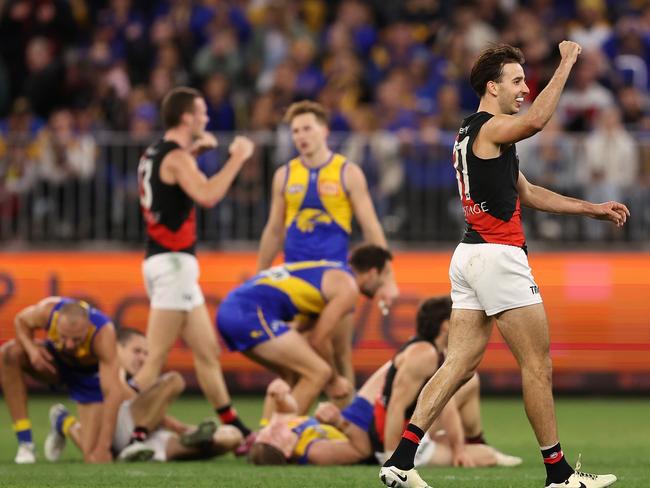 Nic Martin and the Bombers held on for a six-point win. Picture: Paul Kane/Getty Images