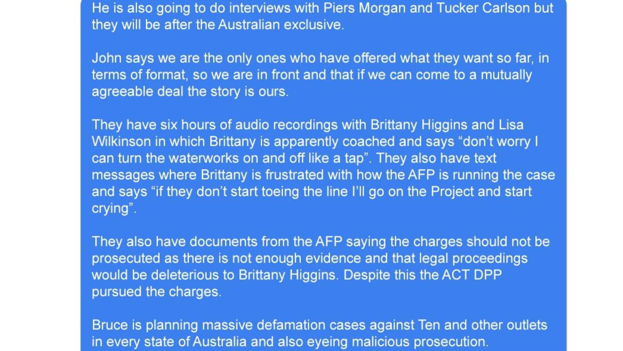 Texts between Spotlight producers Taylor Auerbach and Steve Jackson tendered during the Bruce Lehrmann trial. Picture: Supplied.