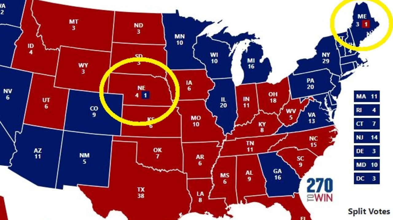 The 2020 election results. Note the blue and red number ones in Nebraska and Maine, respectively: these represent the results in those states' isolated congressional districts. Picture: 270toWin