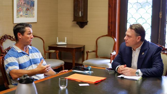 Brisvegas owner Barrie Coonan (left) met with Lord Mayor Adrian Schrinner at City Hall on Thursday morning to discuss the concerns of commercial operators. Cr Schrinner slammed the Government’s eviction notice as “bureaucracy gone bonkers’’ and a travesty for a “river city’’.