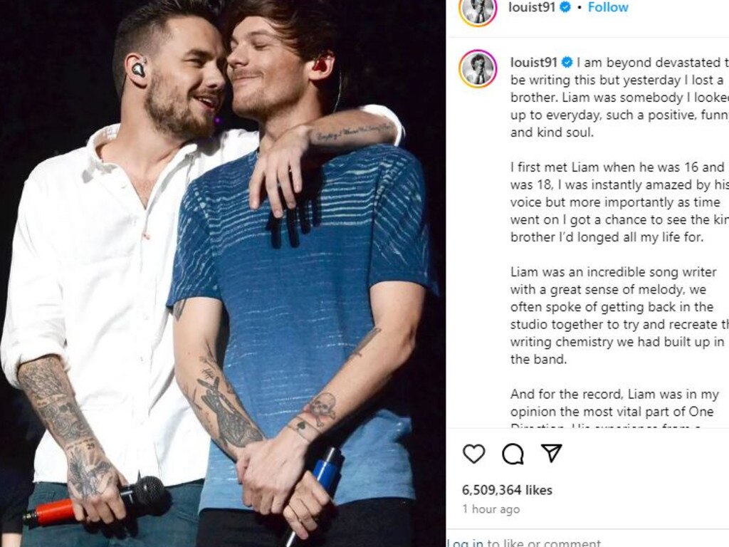 Louis Tomlinson’s tribute to Liam Payne. Picture: Instagram