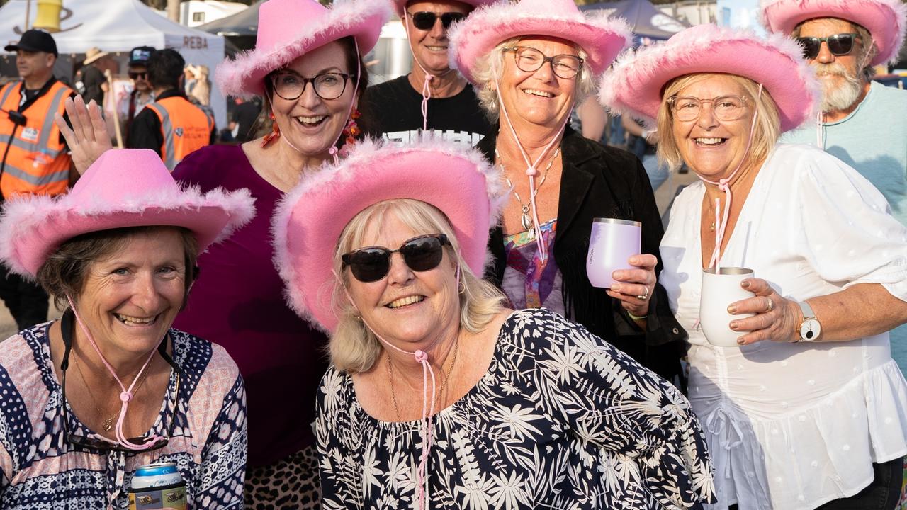 Ang and Kai Calvert, Annette and Chris Potter, Clare Marks, Kate Fahey and Jacqui Stevens at the 2023 Gympie Music Muster. August 24, 2023. Picture: Christine Schindler