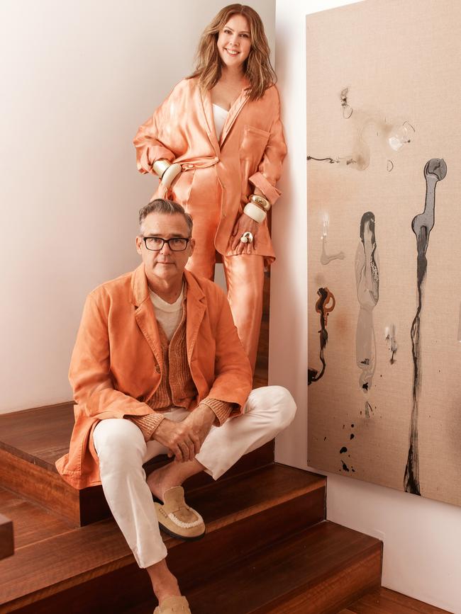 Olsen wears Giorgio Armani jacket, camisole and pants; Louise Olsen bangles and rings; Louise Olsen X Alex and Trahanas bangles; Dinosaur Designs bangles and rings. Ormandy wears Dries Van Noten jacket; Zegna cardigan and knit; Brunello Cucinelli pants; Hermès shoes; his own glasses. Also shown: Haiku (2020) by Louise Olsen. Picture: Michael Comninus
