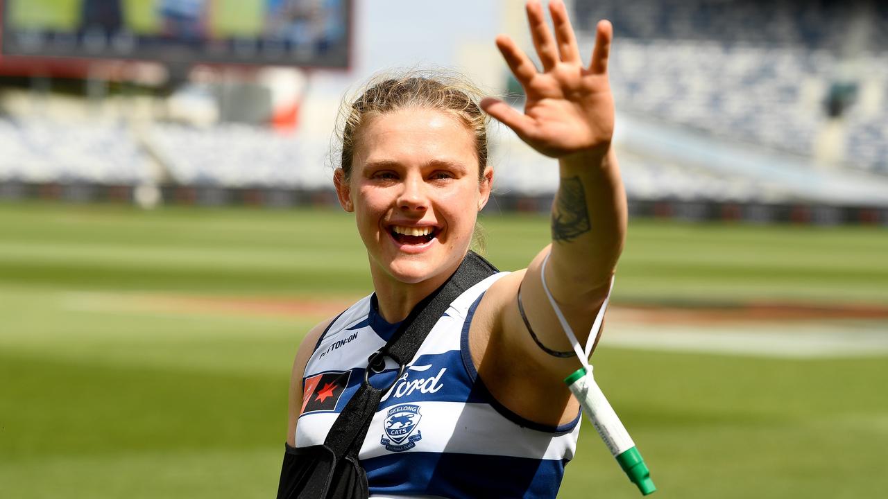 Scheer with the green whistle around her arm. Picture: Getty Images