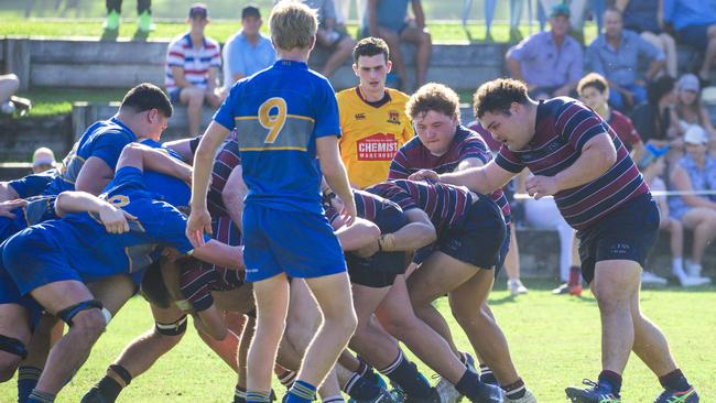 TSS Year 12s Blaze Moana and Jonah Ringiwai working away at the rolling maul. Picture: Glenn Campbell