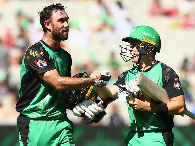 Glenn Maxwell and Seb Gotch celebrate their remarkable BBL partnership against the Sixers at the MCG in 2019. Picture: Mike Owen/Getty Images