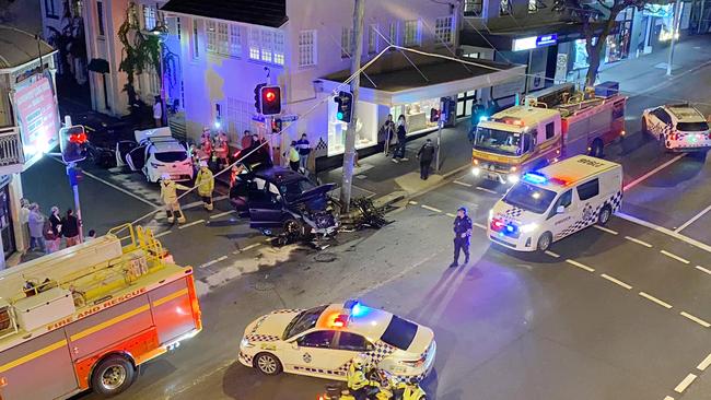 A Lamborghini crashed on the corner of Brunswick St and Kent St in New Farm.