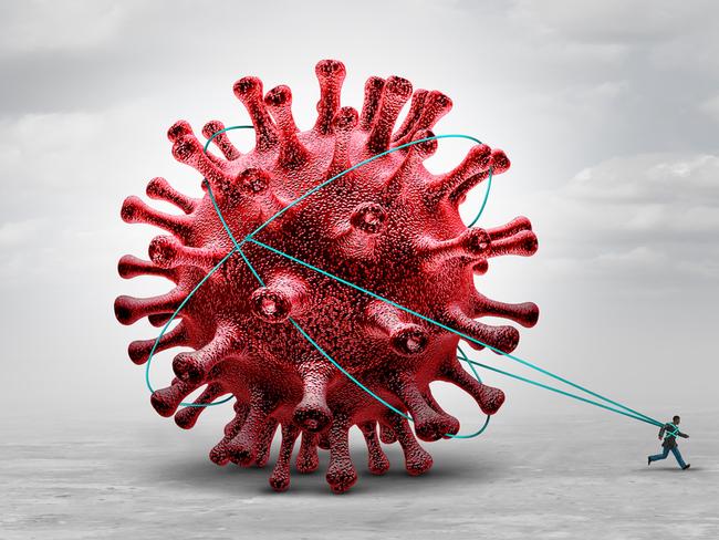 long Covid syndrome and coronavirus pandemic symptoms that persist as a burden concept or being tied trapped as a hauler of a virus infection with 3D illustration elements.