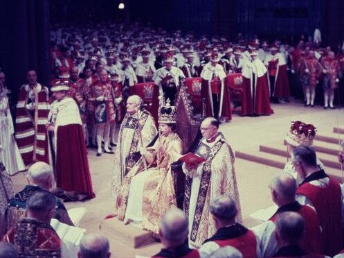 Queen Elizabeth II at the coronation ceremony in Westminster Abbey, London.