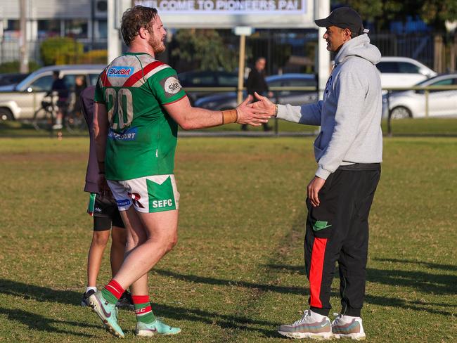 John Sutton congratulates George Burgess on a great win. Picture: Adam Wrightson Photography