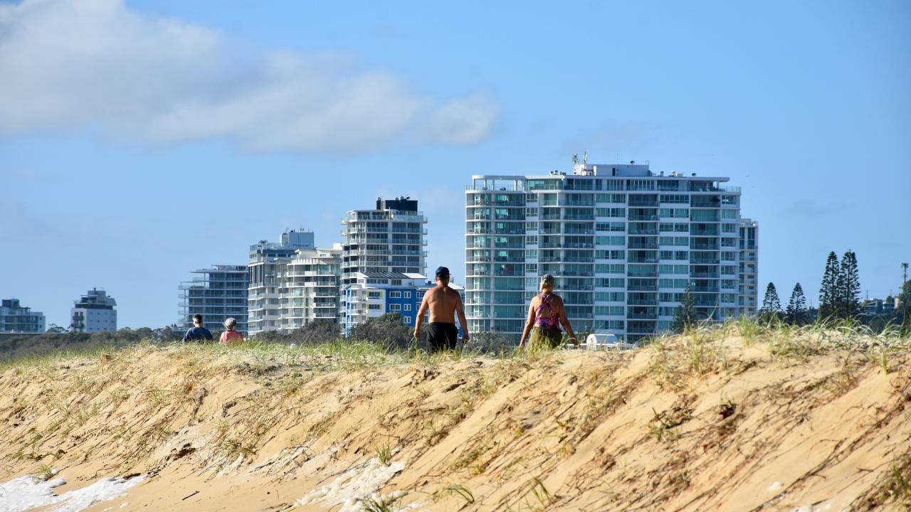 The big surf has cut into the beach near Mudjimba on the Sunshine Coast. Picture: Mark Furler.