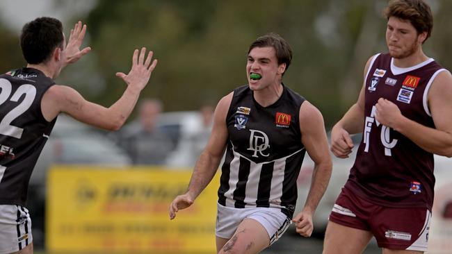 Darley’s Riley Matricardi celebrates a goal during the BFNL Melton v Darley football match in Toolern Vale, Saturday, June 3, 2023. Picture: Andy Brownbill