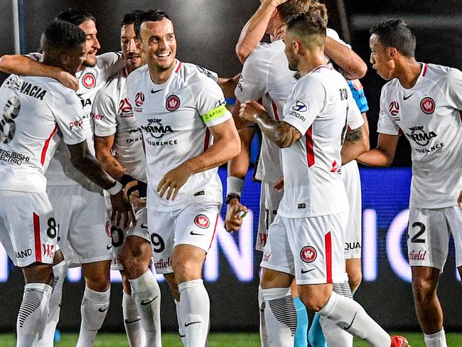 Wanderers reacts after  Alvaro Cejudo scores against the Mariners during the round 11 A-League match between the Central Coast Mariners and the Western Sydney Wanderers at Central Coast Stadium in Gosford, Saturday, December 16, 2017. (AAP Image/Brendan Esposito) NO ARCHIVING, EDITORIAL USE ONLY
