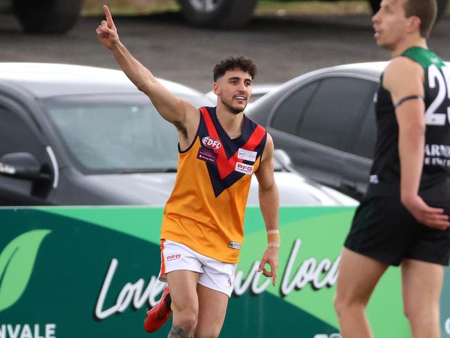 EDFL: Greenvale v East Keilor: Francesco Campisi of East Keilor celebrates a goal at Greenvale Recreation Reserve, on Saturday, July 1, 2023 in Greenvale, Australia.Picture: Hamish Blair