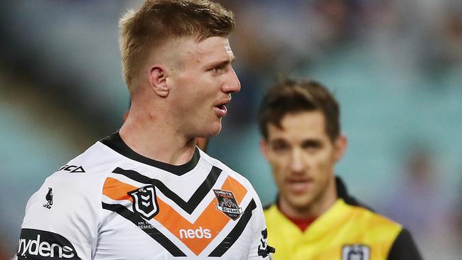 Luke Garner was sin-binned in the Tigers’ loss to Canterbury. Picture: Getty Images