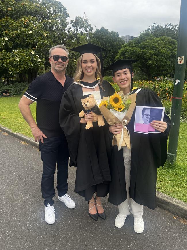 Keith Olsen, Ebony Olsen (Bachelor of Fine Arts (Dance)) and Wenchen Ong (Bachelor of Fine Arts (Dance)) at the University of Melbourne graduations held at the Royal Exhibition Building on Saturday, December 14, 2024. Picture: Jack Colantuono